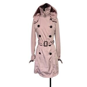 BCBG Generation Hooded Trench Coat Women XS Pink Black Double Breasted Preppy